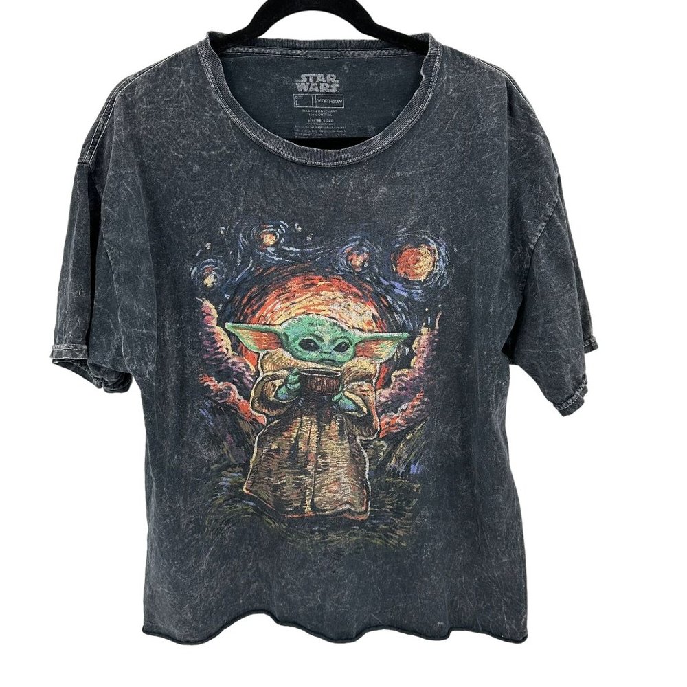 Fifth Sun Womens Charcoal Star Wars Yoda Drinking Coffee Short Sleeve Tee L